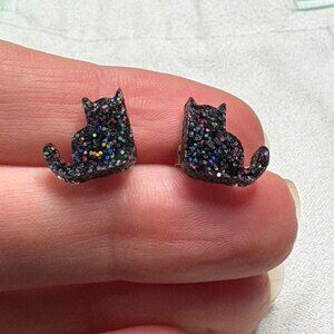 Cat Earrings Black and Glitter Acrylic Post Earrings Cute!! Black Cat